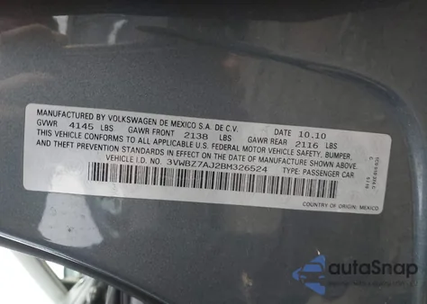 2011 Volkswagen Jetta 2.5L Se z USA, uszkodzony, nr VIN 3VWBZ7AJ2BM326524